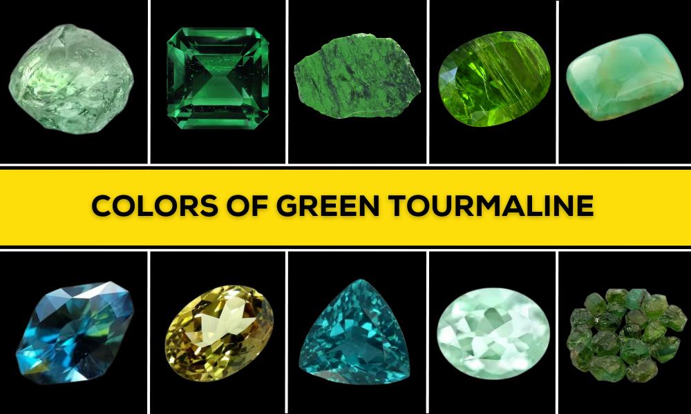 a collage of different colored green tourmaline