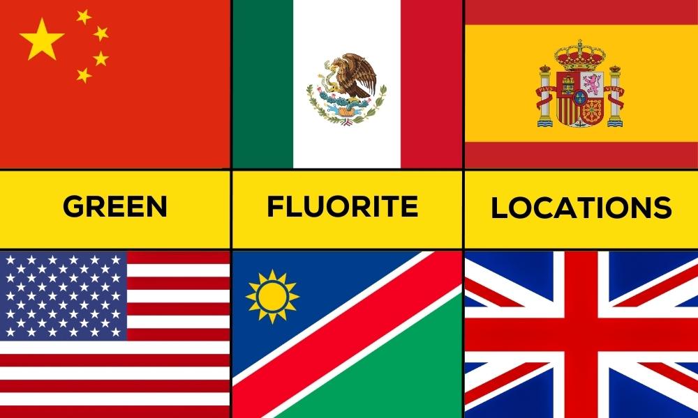 a group of flags with text (green fluorite locations)