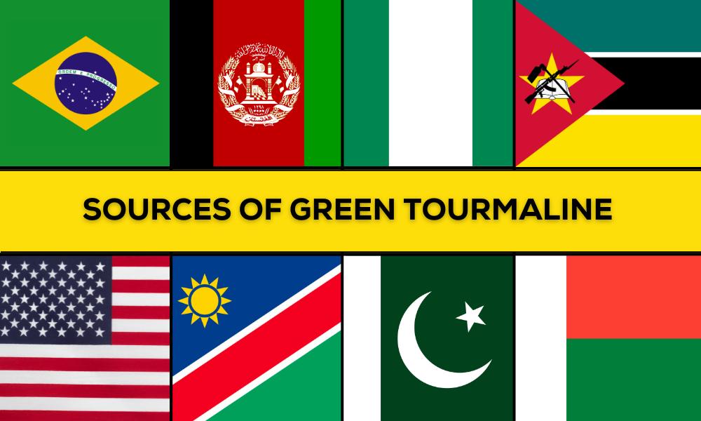a group of flags with text (sources of green tourmaline)