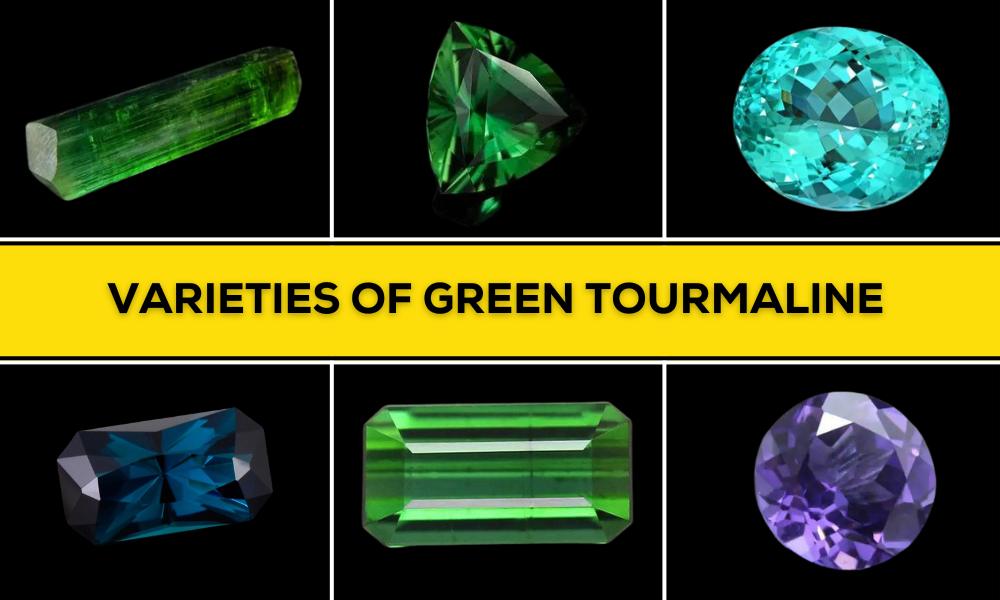 a collage of different varieties of green tourmaline