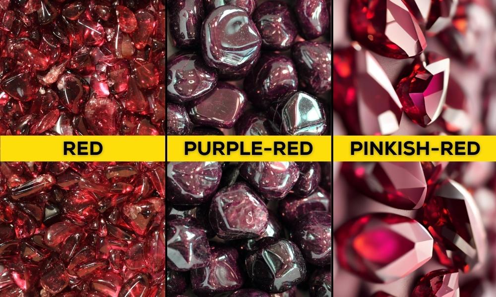 a collage of three colors of rhodolite garnet