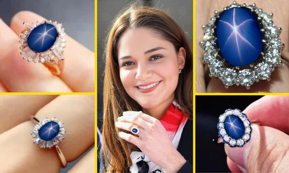 a collage of star sapphire rings and a girl wearing a star sapphire ring.