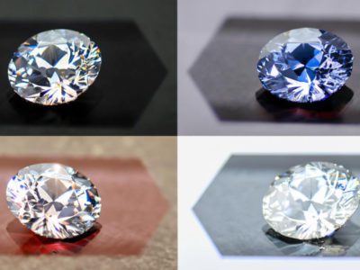 Comparison illustration showing white sapphire, diamond and moissanite gemstone appearances