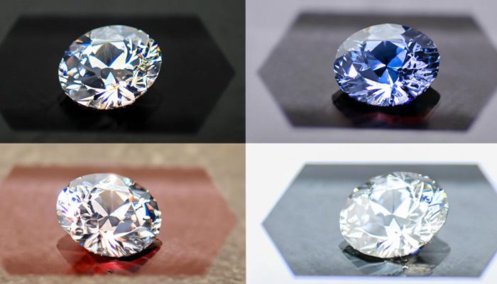 Comparison illustration showing white sapphire, diamond and moissanite gemstone appearances