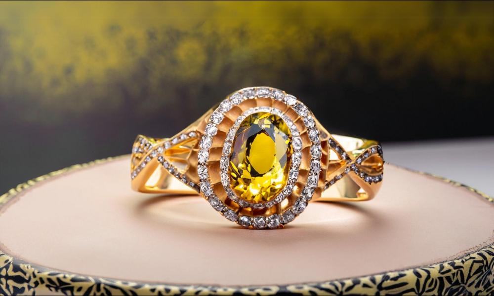 a gold ring with a yellow sapphire stone and diamonds