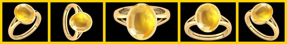collage of a gold plated rings with a yellow sapphire stones
