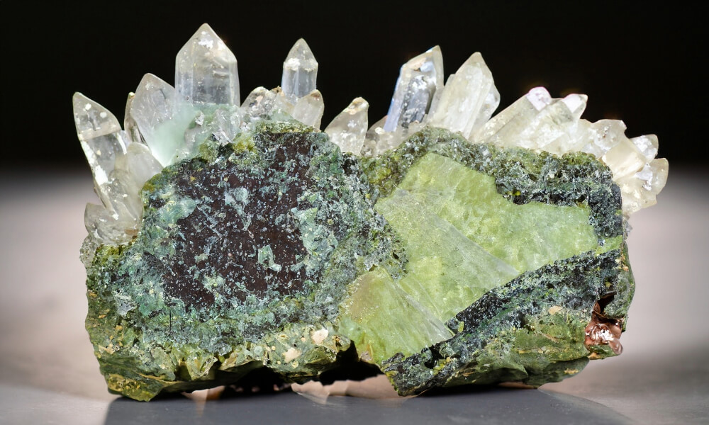 a close up of a rock with epidote crystals