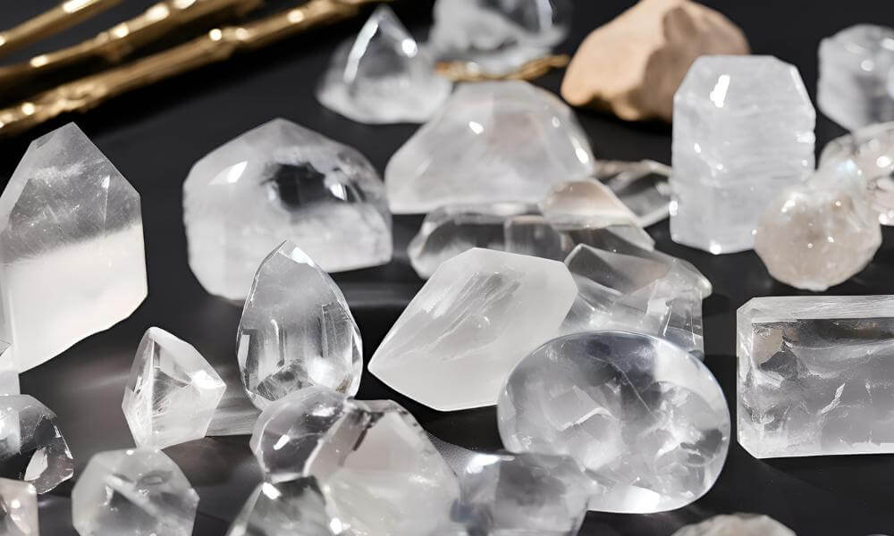 a close up of a bunch of rock crystal clear quartz