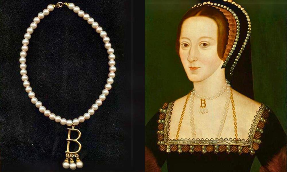 Pearl stone necklace with initial pendant on left and a renaissance-style painting of a woman wearing similar jewelry on right.