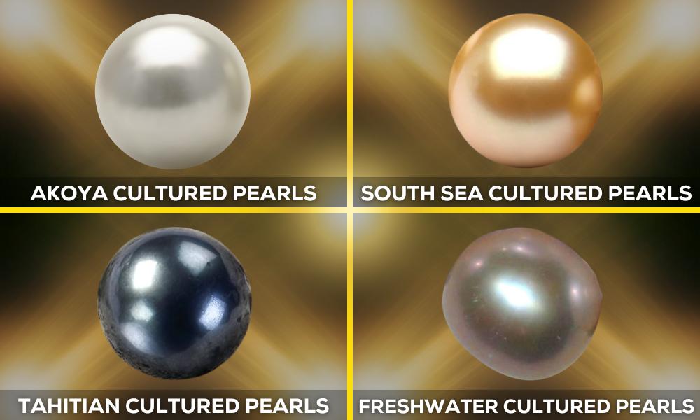 Image of four types of cultured pearl stones: Akoya, South Sea, Tahitian, and Freshwater, against a golden backdrop.