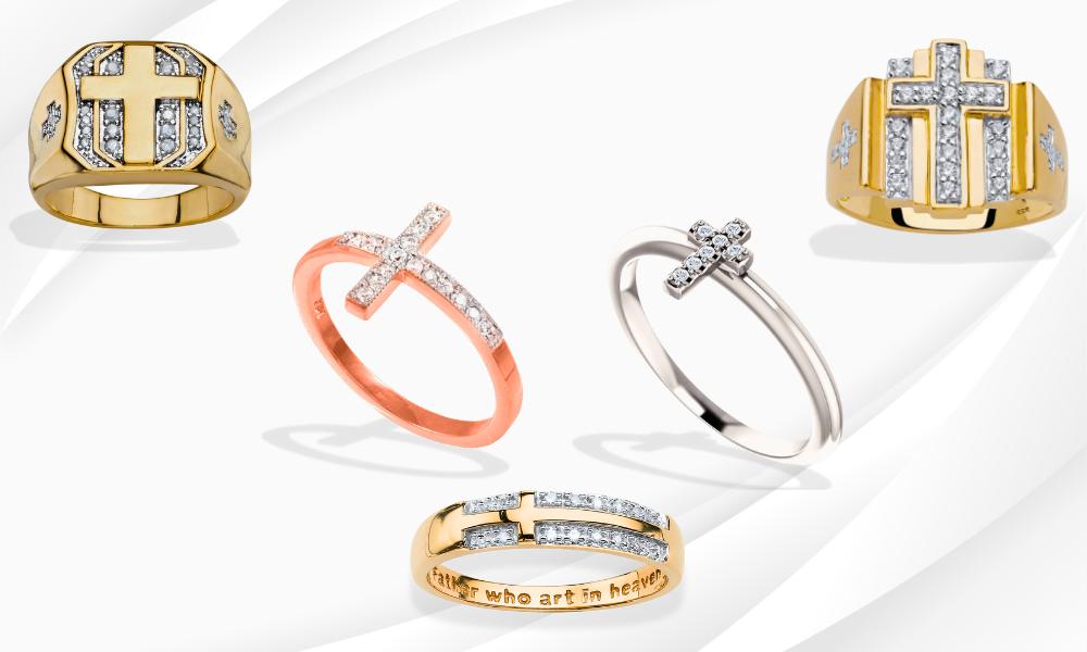 Collection of five rings with cross motifs, some with diamonds, against a white background.