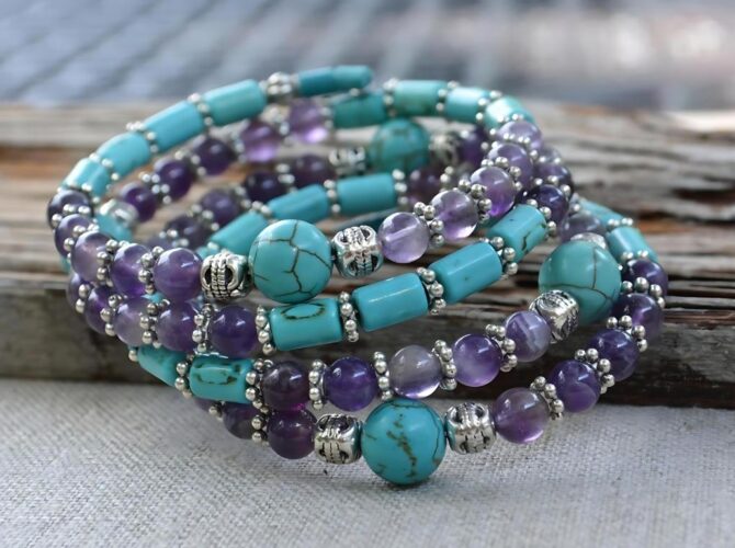 turquoise bracelets on wood