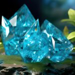 Luminous blue emerald among green leaves on a dark, earthy background.