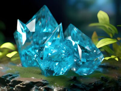 Luminous blue emerald among green leaves on a dark, earthy background.