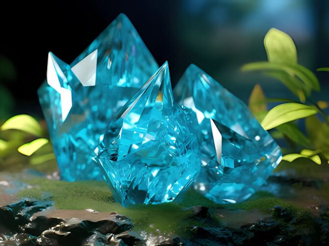 Luminous blue emerald among green leaves on a dark, earthy background.