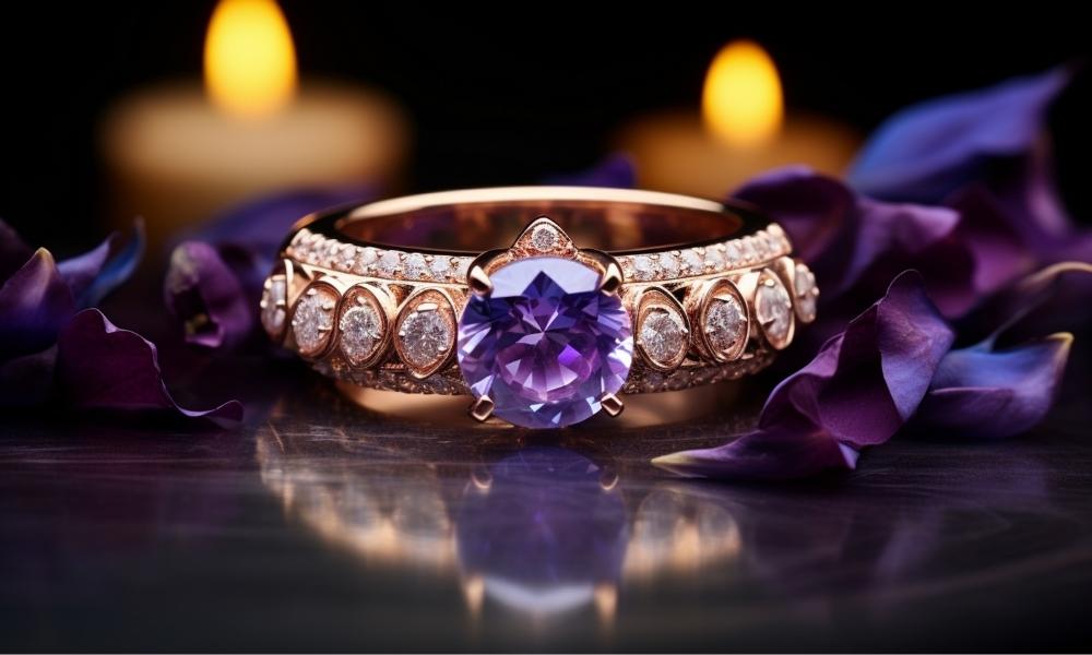 Gold ring with large purple diamond surrounded by diamonds, with purple petals and candles in background.