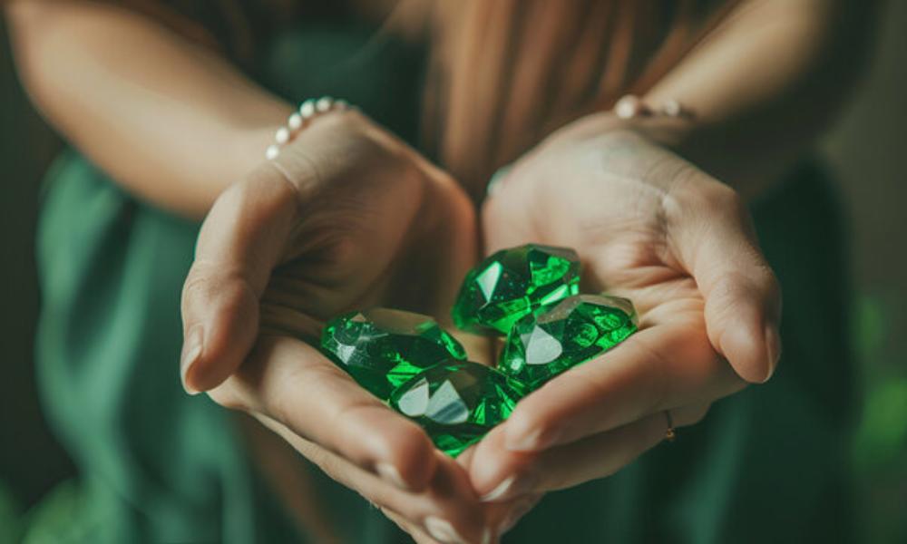 Girl holding sparkling green diamonds in cupped hands.