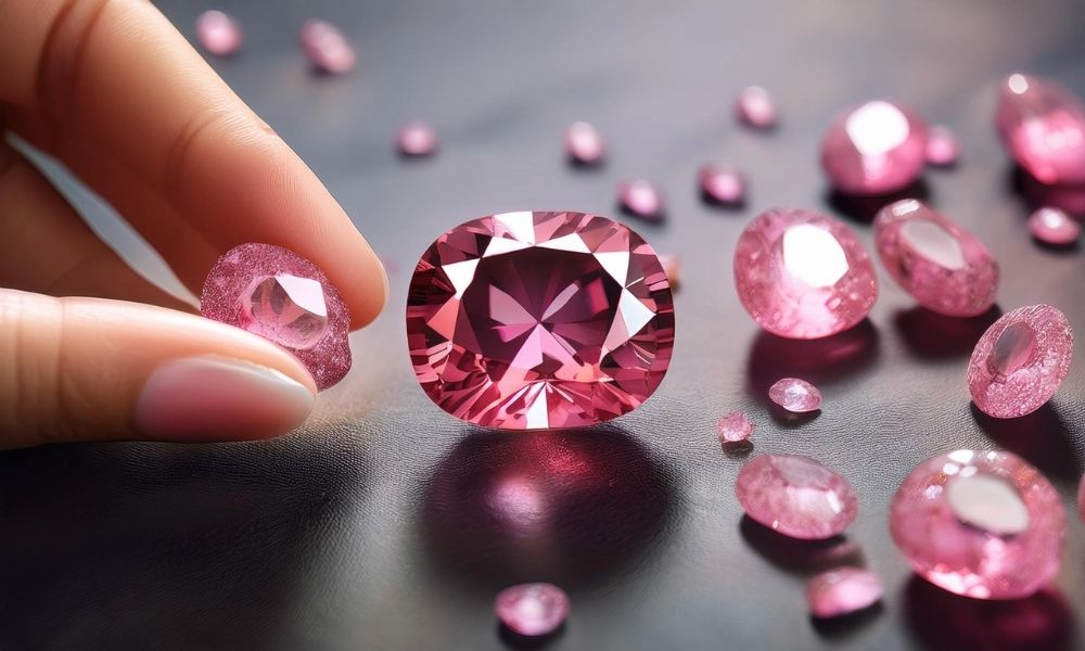 A hand holding a pink ruby among various cut pink gems on a dark surface.