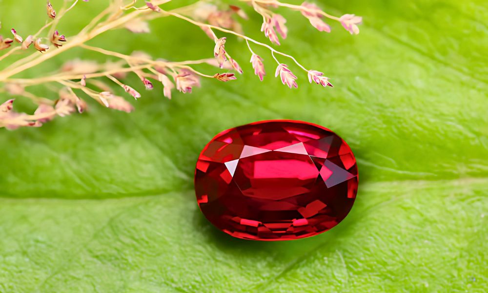 A radiant red emerald on a textured green leaf with delicate flowers above it.