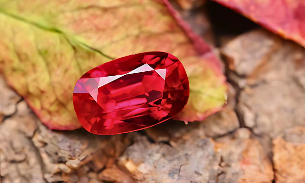 A vivid red emerald resting atop colorful autumn leaves.