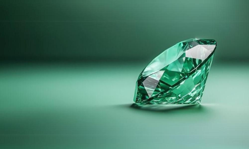 A large, faceted green diamond on a soft green background.