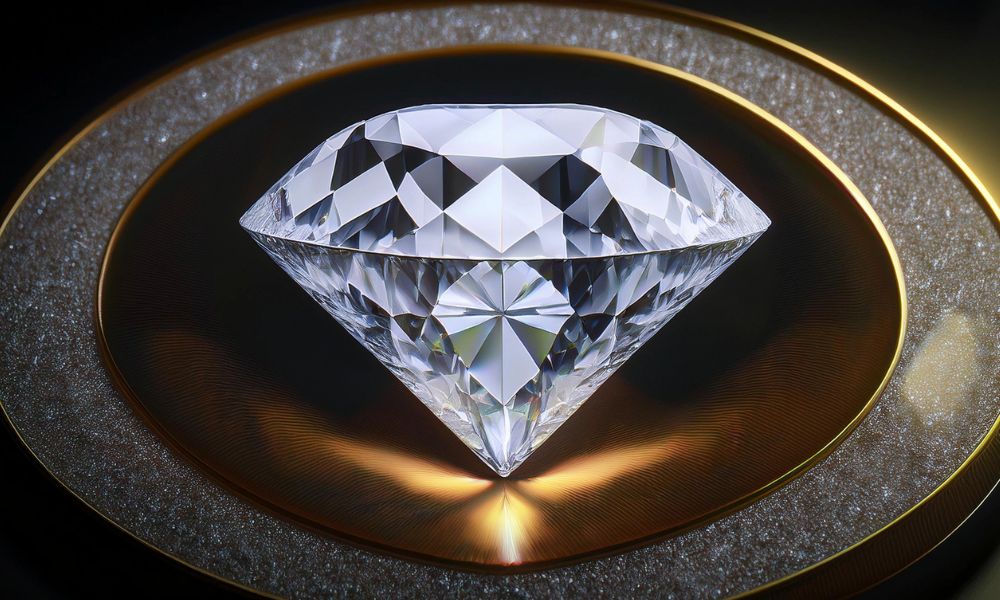 A brilliant cut diamond stone on a golden, glittery background with a soft glow beneath it.