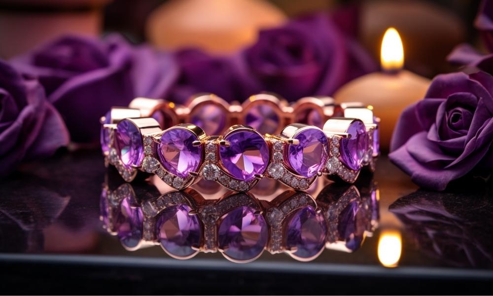 A purple diamonds bracelet on a reflective surface with roses and candles in the background.