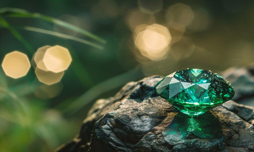 A gleaming green diamond rests on a jagged rock with a soft, bokeh background.