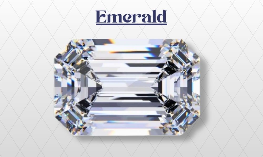 A sparkling emerald-cut diamond illustration with the word "Emerald" above it.