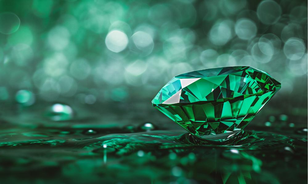 A sparkling green diamond on a reflective surface with blurred lights in the background.