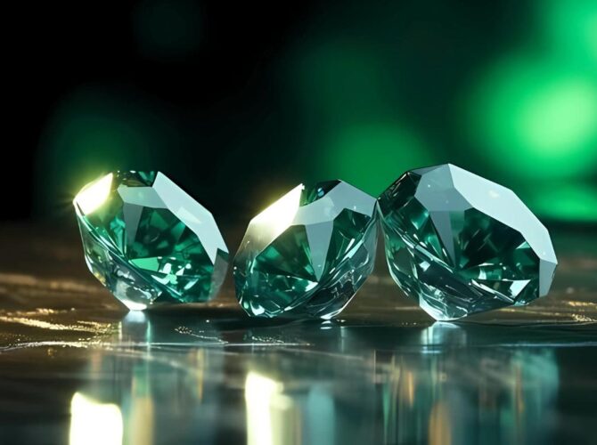 Three sparkling green diamonds on a reflective surface with a green-tinted background.