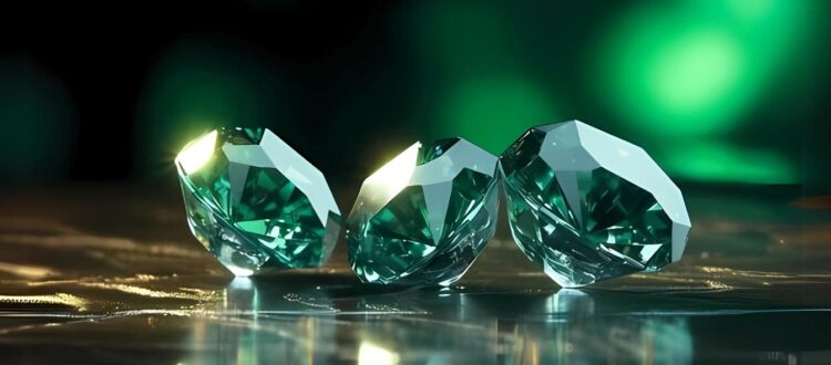 Three sparkling green diamonds on a reflective surface with a green-tinted background.