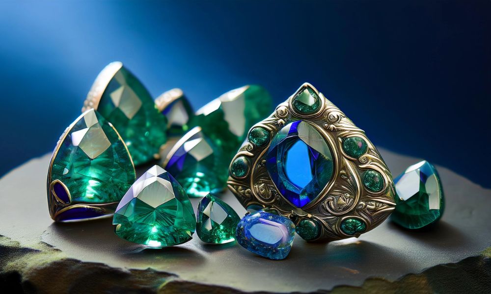 A collection of sparkling green and blue emeralds and an ornate ring on a rocky surface.