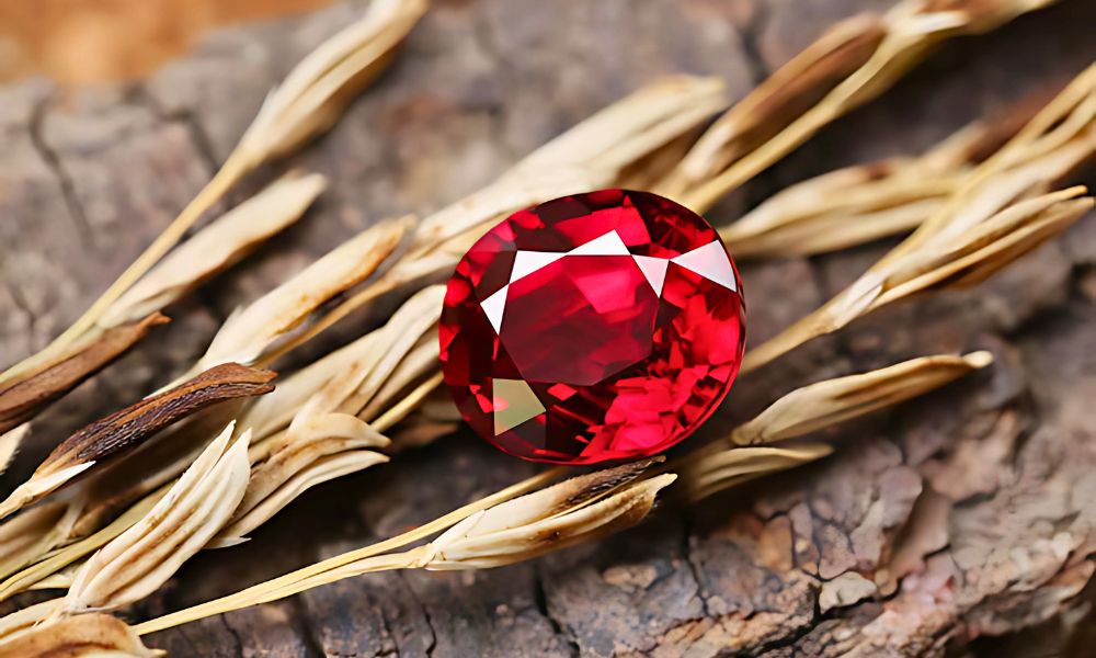 A radiant red emerald rests atop dried grasses on a textured wooden surface.