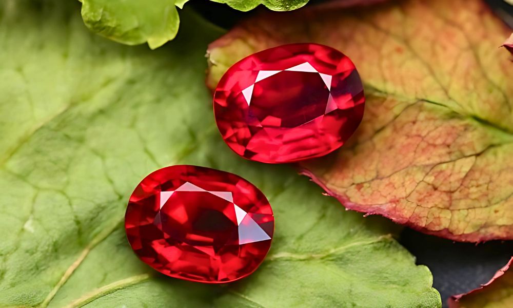 Two red emerald resting on green and red leaves.