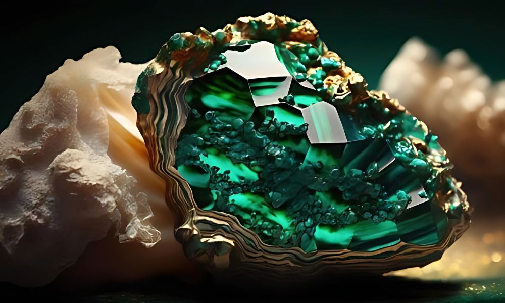 A vibrant geode with emerald green crystals against a dark background.