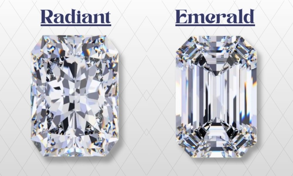 Two diamonds side by side, labeled "Radiant" and "Emerald," each cut in different styles.