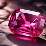 Large pink ruby on a surface with metallic pebbles.