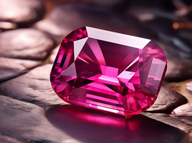 Large pink ruby on a surface with metallic pebbles.