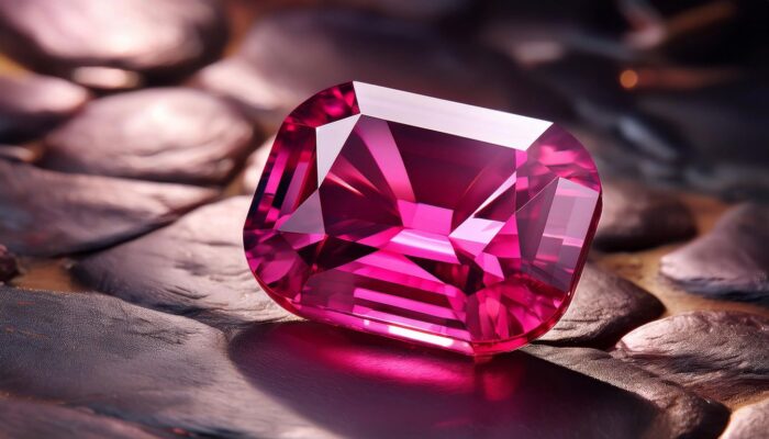 Large pink ruby on a surface with metallic pebbles.