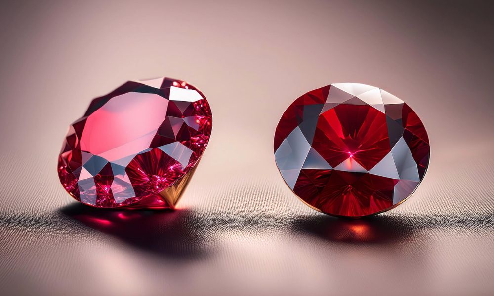 Two large gemstones, ruby and garnet on a textured surface, one standing, and one lying on its side.