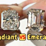 Two diamond rings shown close up, radiant vs emerald cut, with 