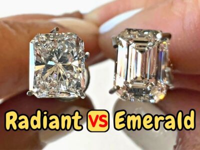 Two diamond rings shown close up, radiant vs emerald cut, with 