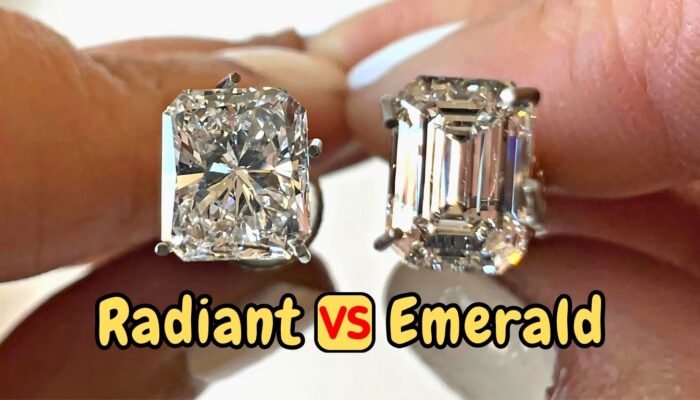 Two diamond rings shown close up, radiant vs emerald cut, with 