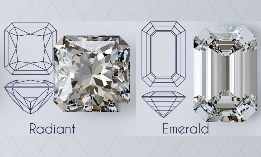 Two diamond cuts, Radiant and Emerald, with their respective diagrams and names.