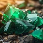 Raw emerald crystals among rocks with water droplets reflecting sunlight.