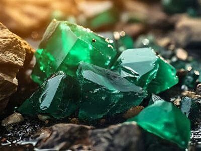 Raw emerald crystals among rocks with water droplets reflecting sunlight.