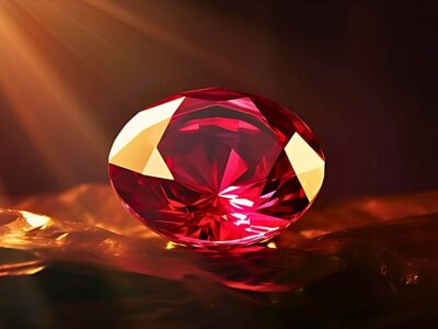 A radiant red emerald resting on rough terrain, bathed in warm, golden light.