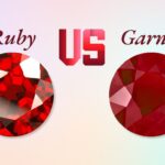 Comparison image of a red ruby and a garnet with ruby vs garnet caption.