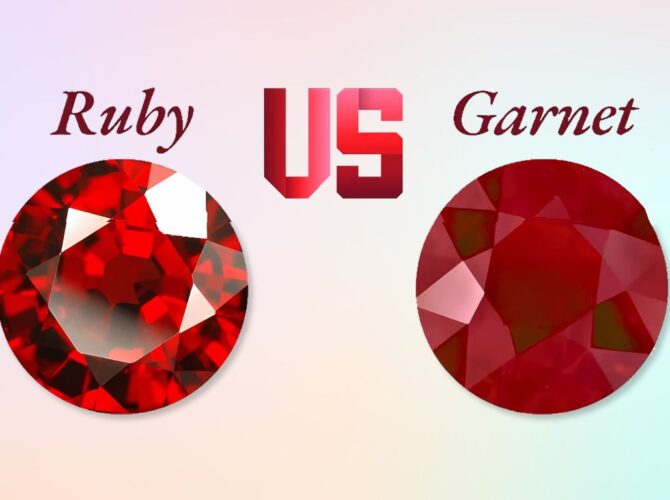 Comparison image of a red ruby and a garnet with ruby vs garnet caption.